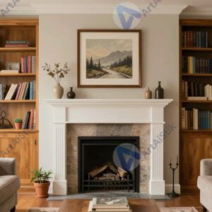 Домашняя гостиная с камином и книжными полками по бокам.