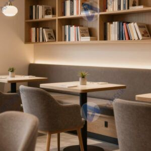 Камерное кафе с мягкими креслами и книжной полкой у стены.