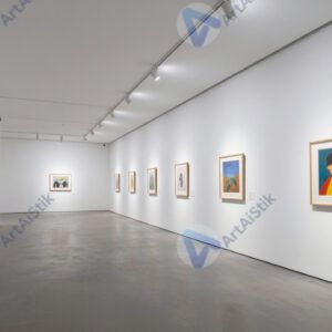 Просторный коридор галереи с белыми стенами и точечным светом.