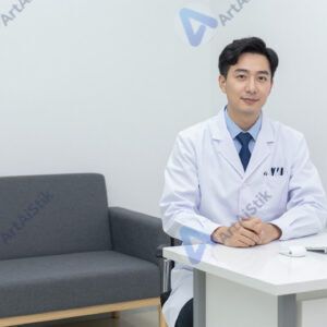 Небольшой кабинет врача с кушеткой и столом.