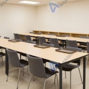 Скромная столовая в общежитии с рядами столов и подносами.