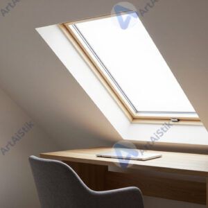 Небольшая мансарда с окном в крыше и рабочим столом.