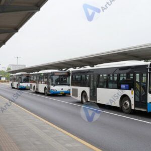 Автобусный терминал с несколькими платформами и навесами.