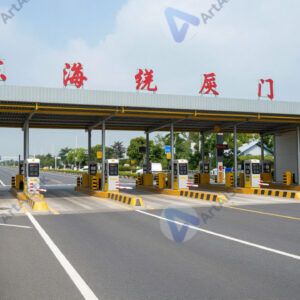 Въезд на платную трассу с шлагбаумами и будками оплаты.