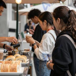 Очередь к уличному киоску с кофе и булочками.