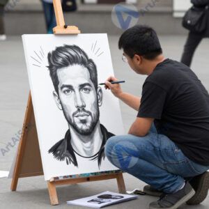 Уличный художник рисует портрет прохожего на площади.