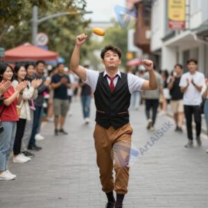 Жонглёр выступает на пешеходной улице