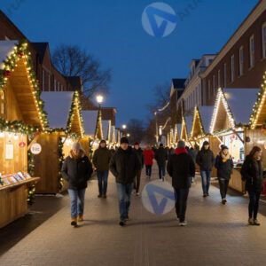 Уличная ярмарка с рождественскими домиками и гирляндами.