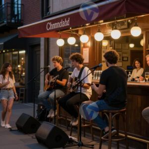 Уличная сцена с живой музыкой у бара вечером.
