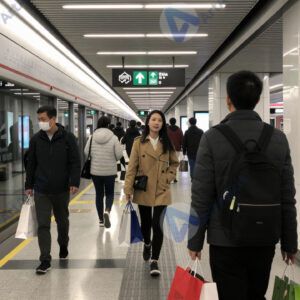 Люди с покупками выходят из метро в торговый район.