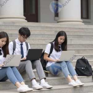 Студенты сидят с ноутбуками на ступенях университета.