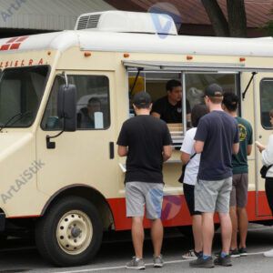 Очередь людей у фудтрака на углу улицы.