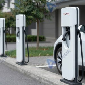 Уличная зарядка для электромобилей вдоль тротуара.