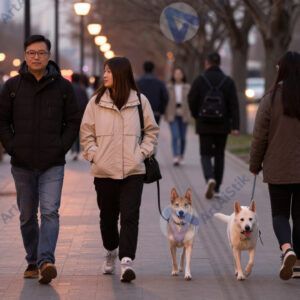 Люди с собаками гуляют по бульвару вечером.
