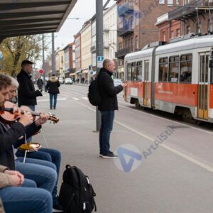 Остановка трамвая с уличными музыкантами рядом.