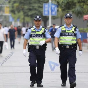 Двое полицейских патрулируют пешеходную зону.