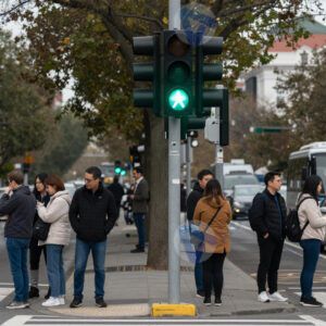 Люди ждут зелёного сигнала светофора на оживлённом перекрёстке.