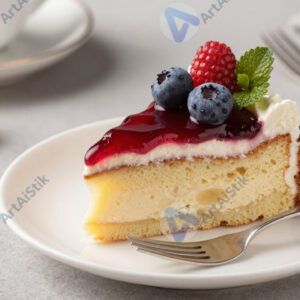 Десерт: кусок торта с ягодами, вилка. Десерт