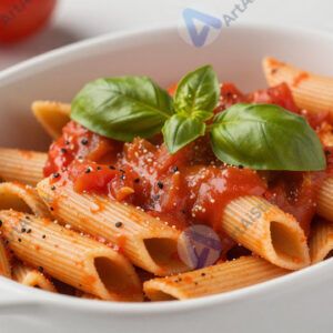 Паста с томатным соусом и базиликом в глубокой тарелке.