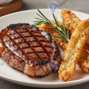 Стейк на гриле с полосками прожарки и веточкой розмарина.