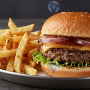 Бургер с картошкой фри на металлическом подносе.