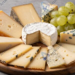 Сырная тарелка с разными видами сыра и виноградом.