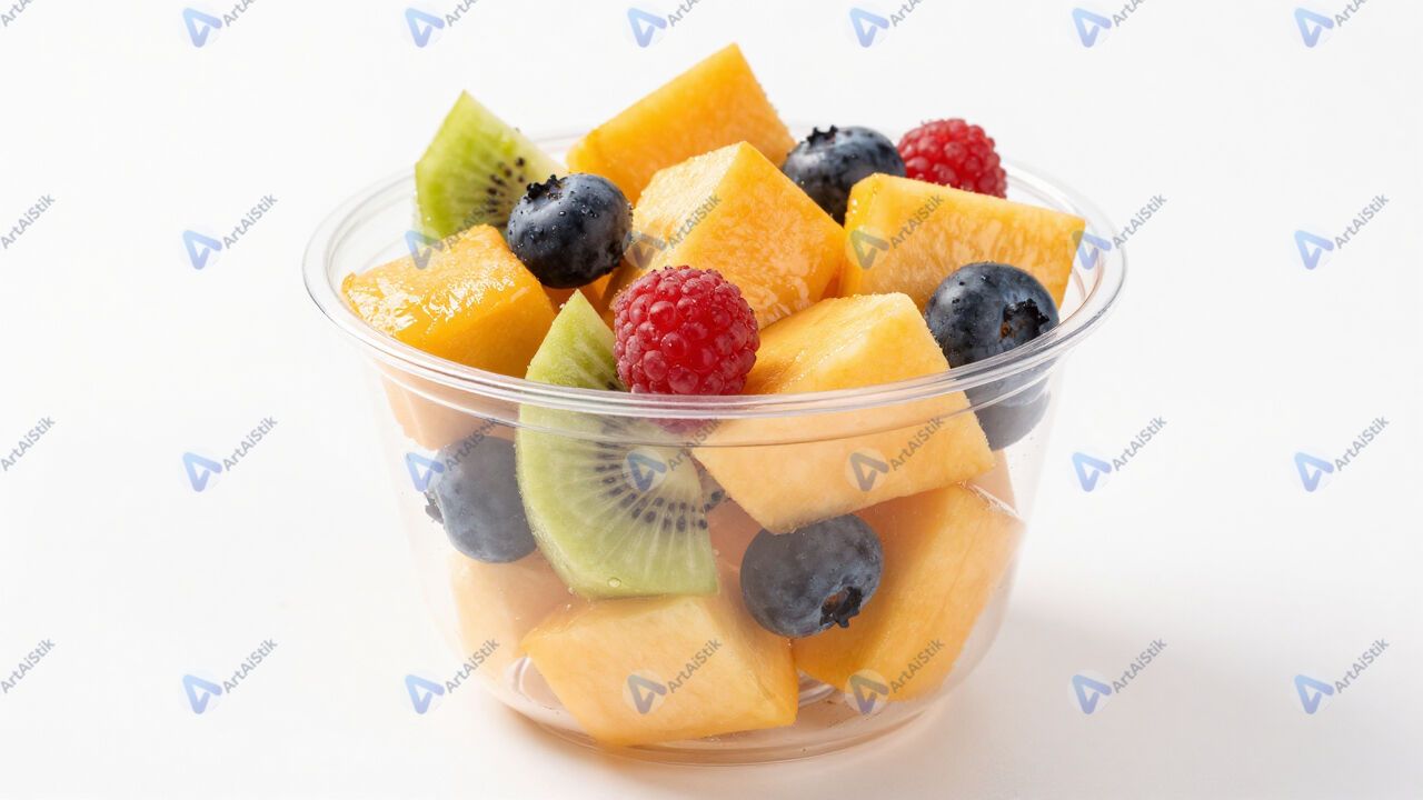 Фруктовый салат в прозрачной чашке, яркие кусочки. Фруктовый салат в прозрачной чашке