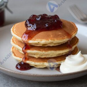 Блины с вареньем и сметаной на деревенской тарелке.