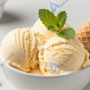 Мороженое в вазочке с вафельным рожком и мятой.