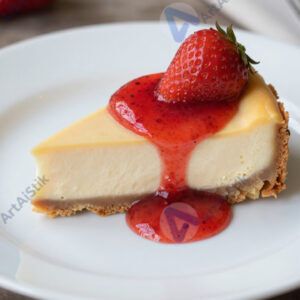 Чизкейк с клубничным соусом на белой тарелке.