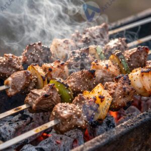 Шашлык из мяса и овощей на шампурах над углями.