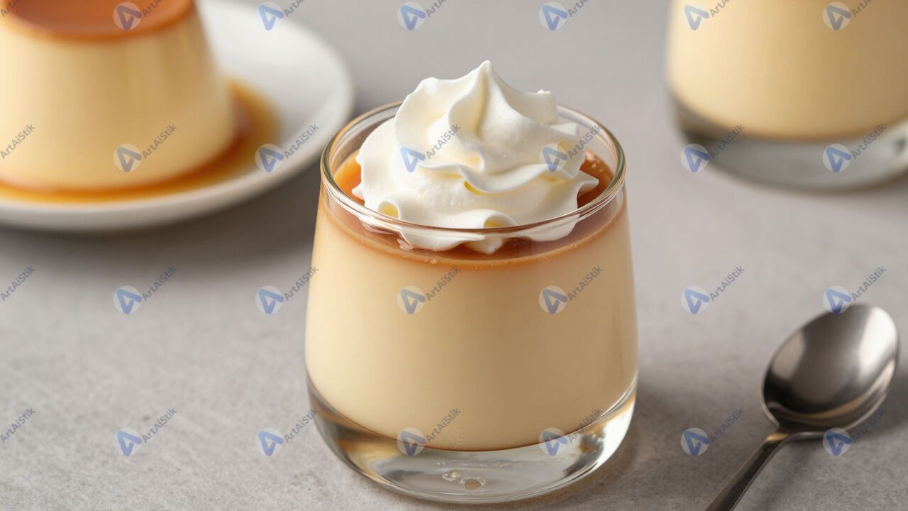 Пудинг в стеклянном стакане с карамелью и взбитыми сливками. Пудинг в стеклянном стакане с карамелью и взбитыми сливками.