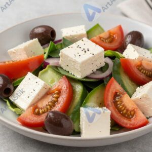 Тарелка греческого салата с фетой и оливками.