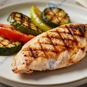 Куриное филе на гриле с овощами гриль на тарелке.