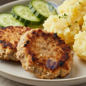 Домашние котлеты с картофельным пюре и огурцами.