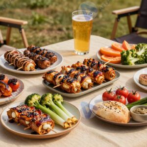 Большое блюдо с шашлыком и овощами на пикнике.