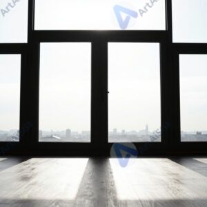 Силуэты оконных рам на полу от яркого солнца.