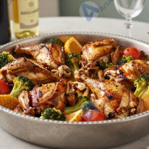 Большое семейное блюдо с запечённой курицей и овощами