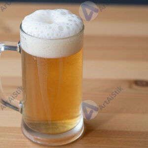 Пиво с густой пеной в стеклянной кружке на деревянном столе.