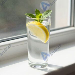 Стакан воды с лимоном и мятой на солнечном подоконнике.
