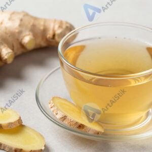 Имбирный чай с ломтиками имбиря и мёдом на блюдце.