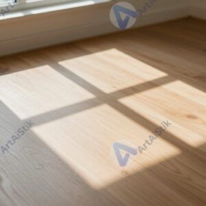 Свет от окна формирует прямоугольные пятна на деревянном полу.