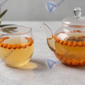 Горячий чай с облепихой в стеклянном чайнике.