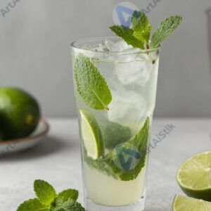 Коктейль «мохито» с мятой и лаймом в высоком стакане.