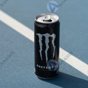 Энергетический напиток в алюминиевой банке на спортивном коврике.