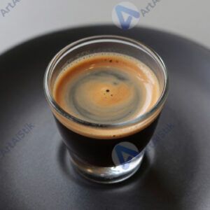 Ристретто в крошечной чашке на чёрной тарелке.