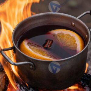 Глинтвейн в металлическом котелке на костре.