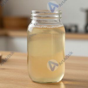 Чайный гриб в стеклянной банке на кухонном столе.