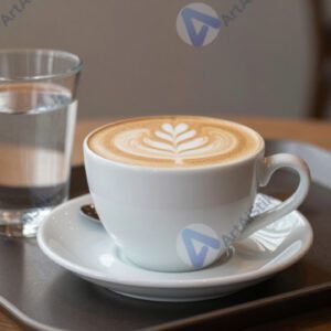 Кофе‑капучино и стакан воды на подносе в кафе.