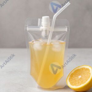 Детский фруктовый сок в маленьком пакете с трубочкой.